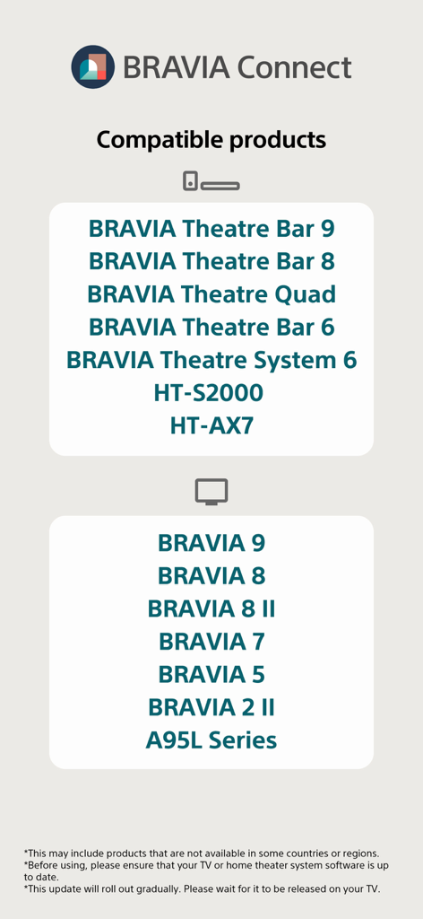 Sony | BRAVIA Connect - List of compatible Sony BRAVIA TVs and soundbars for the BRAVIA Connect app
