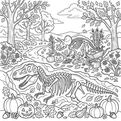 Discover a unique blend of prehistoric giants and cozy autumn vibes with this intricate coloring page. Featuring imposing dinosaur skeletons surrounded by a bountiful harvest scene, it's perfect for fall adventures.