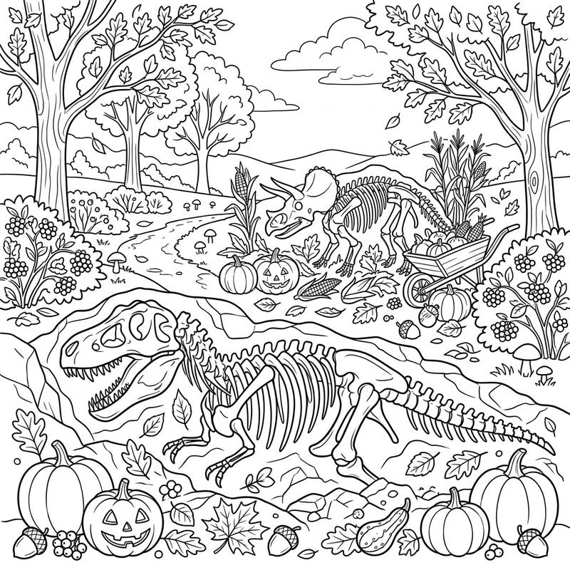 Discover a unique blend of prehistoric giants and cozy autumn vibes with this intricate coloring page. Featuring imposing dinosaur skeletons surrounded by a bountiful harvest scene, it's perfect for fall adventures.