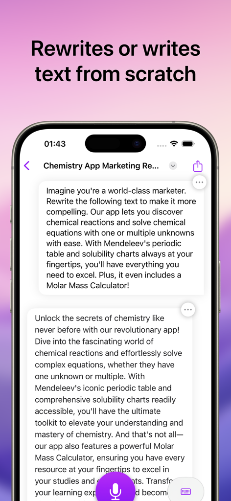 Interfaz de la aplicación Asistente Inteligente Chat que muestra una función de reescritura de texto para copias de marketing.