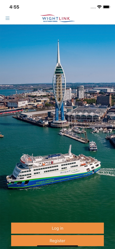 Wightlink ferry app login screen featuring a hybrid energy ferry and the Spinnaker Tower in Portsmouth
