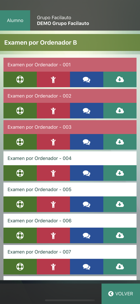 Facilauto - Interfaz de la aplicación móvil que muestra una lista numerada de exámenes de conducir para la categoría de licencia B