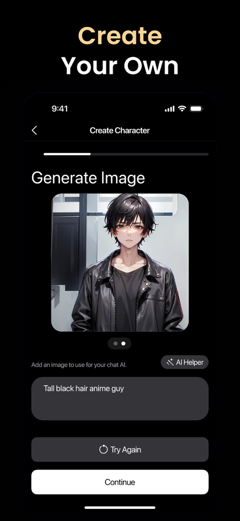 TalkZ app interface for creating a custom AI character with an anime image generator.