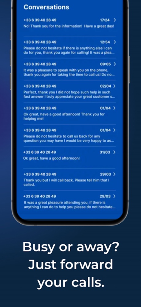 ZenCall - ZenCall app interface showing a list of AI-transcribed phone conversations and call forwarding options.