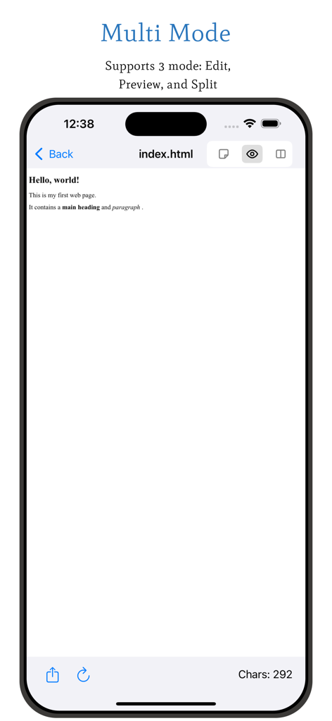 Text Edit - WordPad+ - Text Edit WordPad app interface showing multi mode for editing and previewing HTML documents