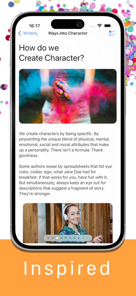 Writerly - Writerly app screen providing advice and techniques for creating compelling story characters