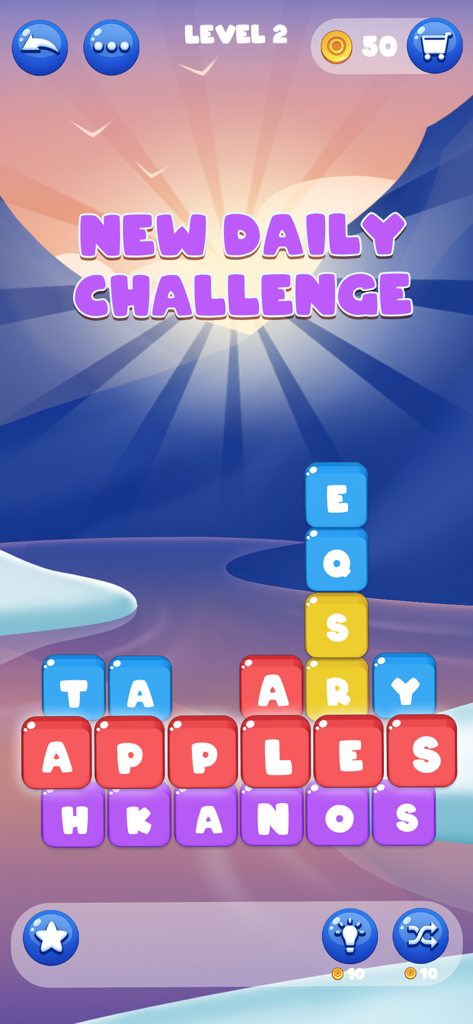 Word Pick : Word Puzzle Games - Interfaz del juego móvil Word Pick con un desafío de palabras diario con bloques de letras coloridos sobre un fondo zen.