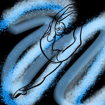 gymnast doing a leap in a leotard with a bent back leg