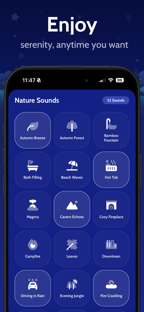 Selection screen of the Sleeping Owl app featuring various nature and ambient sounds for relaxation