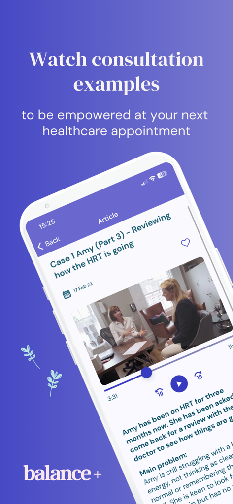 A smartphone showing a video example of a menopause consultation with a healthcare professional in the Balance app.