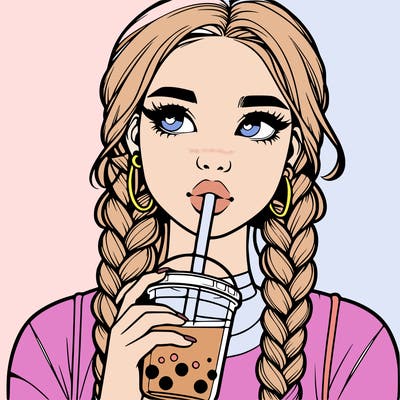 realistic girl with braided hair drinking boba