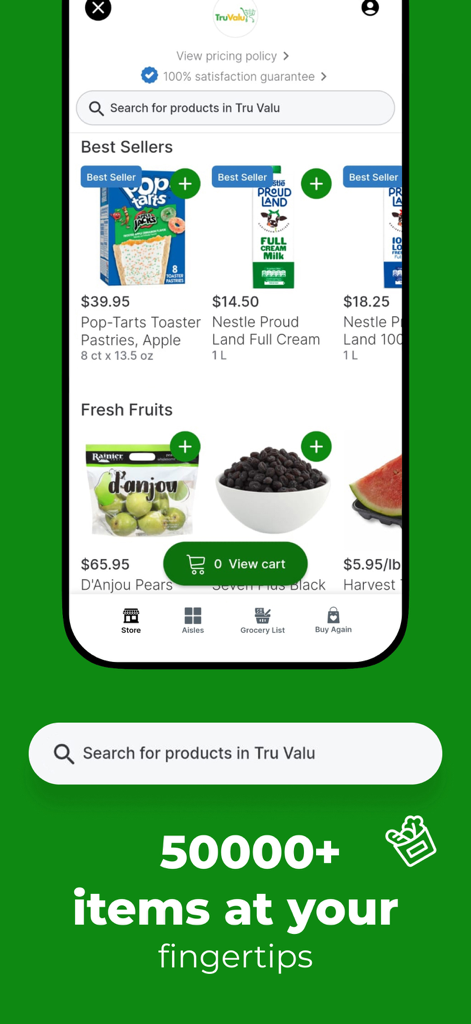 Mobile Bildschirm der Food Depot App, die Lebensmittelprodukte wie Snacks und frisches Obst mit einem Button zum Anzeigen des Warenkorbs zeigt