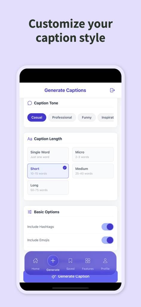 Interface of the Captionator app showing options to customize caption tone, length, hashtags, and emojis