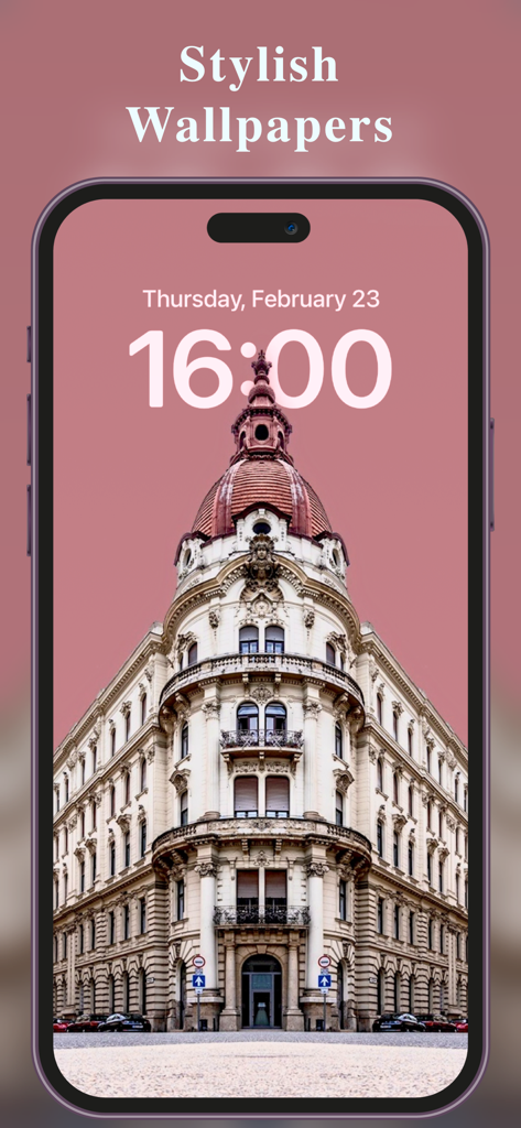 Color Themes: App Icons,Widget - Écran de verrouillage iPhone avec un fond d'écran d'architecture élégant et un fond rose