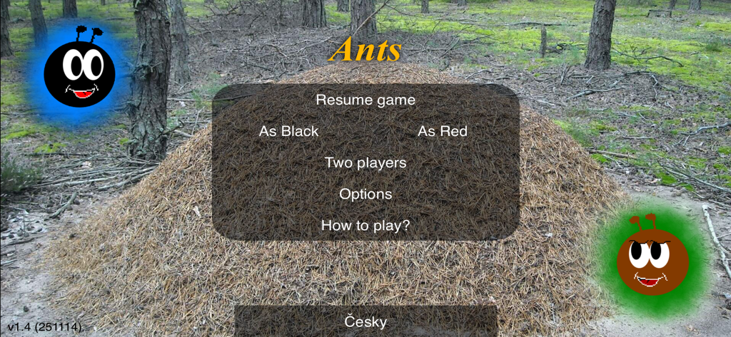 Mravenci - Menú principal del juego de estrategia de cartas Mravenci mostrando opciones de juego sobre un fondo de hormiguero con hormigas de dibujos animados