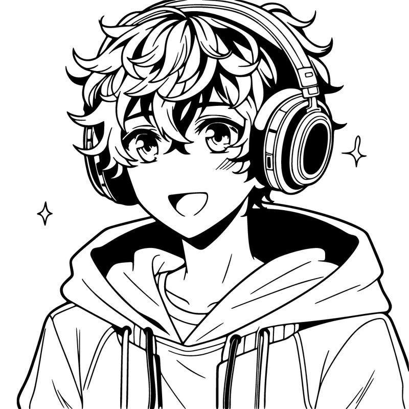 anime boy with headphones wearing a hoodie and curly hair smiling