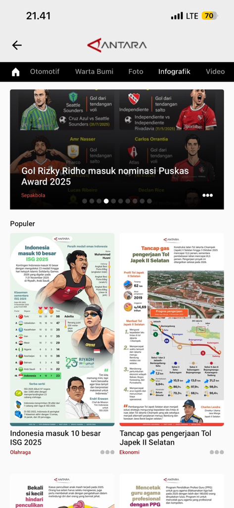 Antaranews - Antaranews mobile app interface showing various news categories and infographics