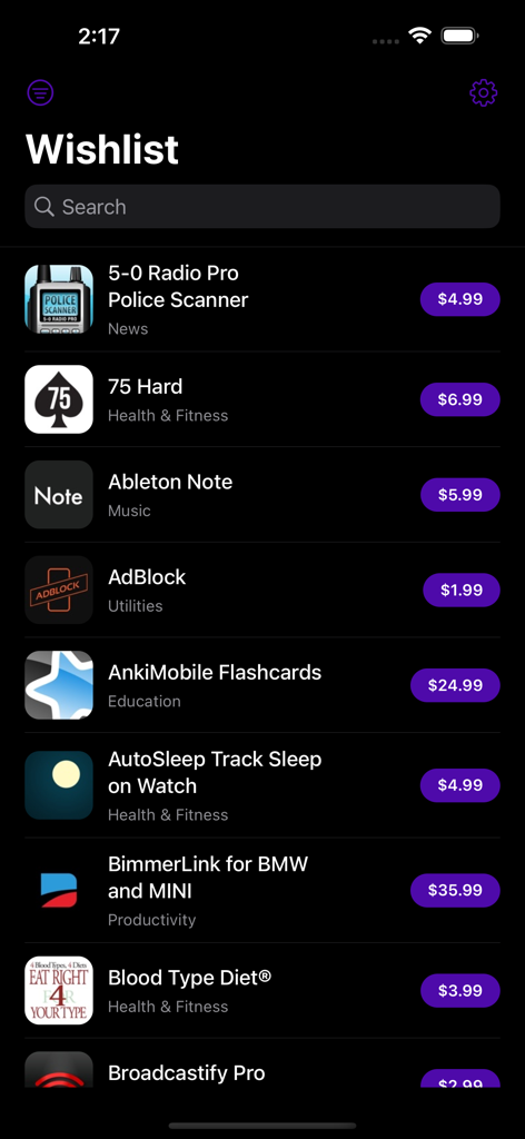 Add to Wishlist for AppStore - Una lista de aplicaciones en la aplicación Lista de Deseos que muestra iconos de aplicaciones, nombres, categorías y precios actuales.