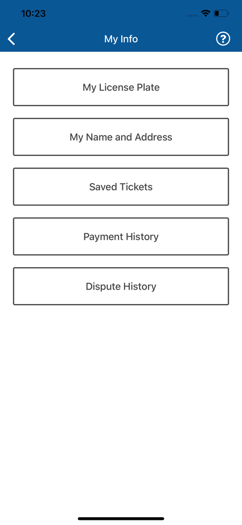 NYC Pay or Dispute - My Info screen of the NYC Pay or Dispute app showing buttons for license plate, name and address, saved tickets, payment history, and dispute history