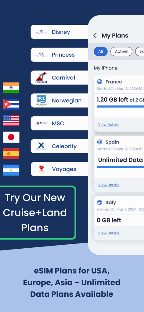 GigSky mobile app showing travel eSIM data plans and cruise ship connectivity options.