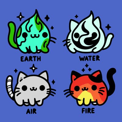4 cats that represent the different elements, earth, water, air, and fire