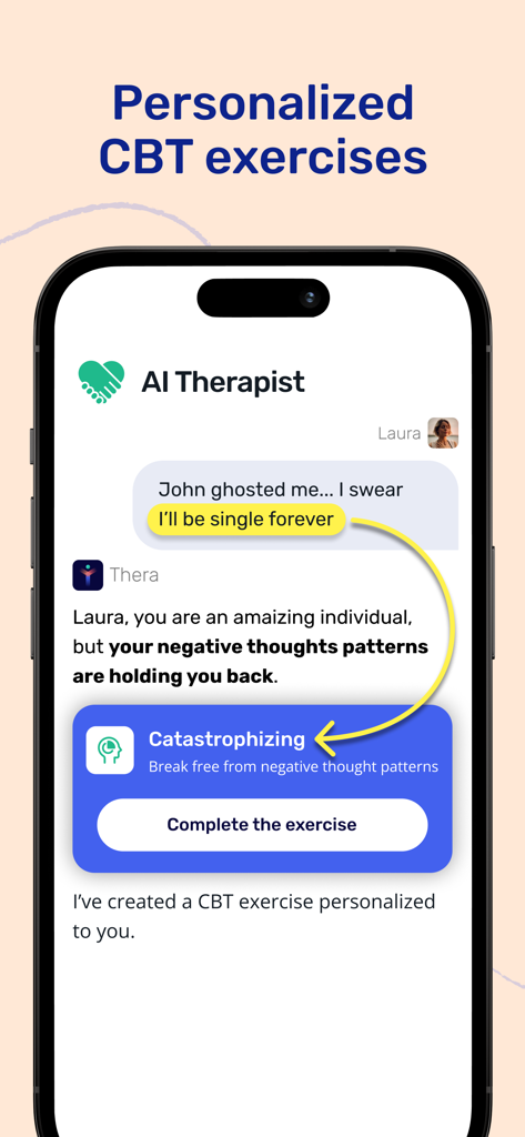 A mobile app screenshot showing an AI therapist identifying a catastrophizing thought pattern and suggesting a personalized CBT exercise to a user.