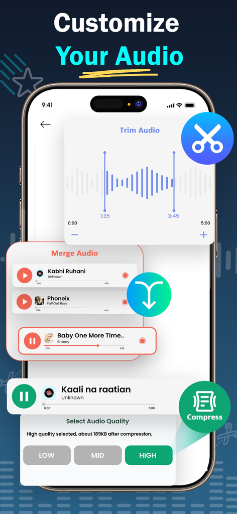 Voice Changer * Sound Effects - Mobile App-Oberfläche mit Audioanpassungswerkzeugen wie Trimmen, Zusammenfügen und Komprimierungseinstellungen auf einem iPhone