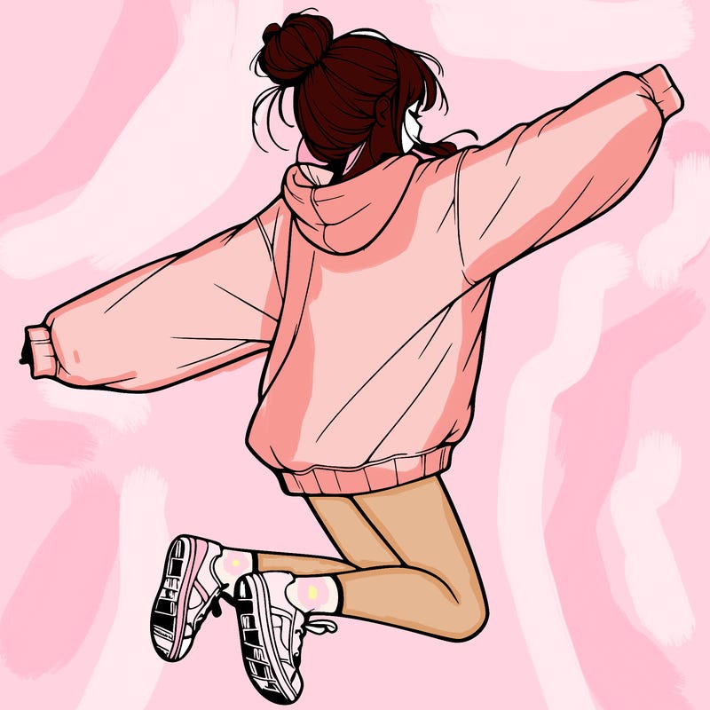 realistic girl jumping with a bun and oversized sweatshirt