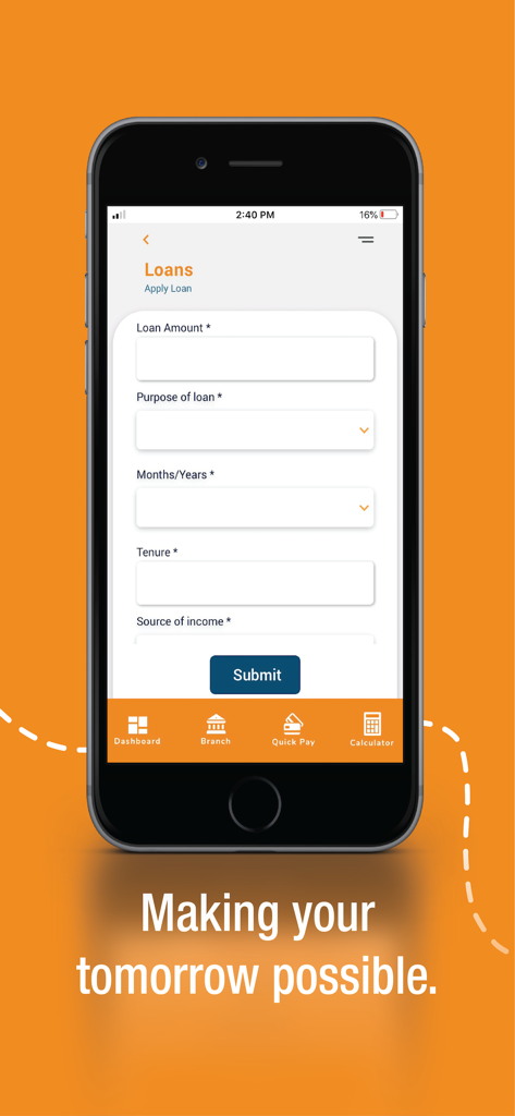 BankOn ZICB App - Interfaz móvil de la app BankOn ZICB que muestra un formulario de solicitud de préstamo con campos para el monto y el propósito.