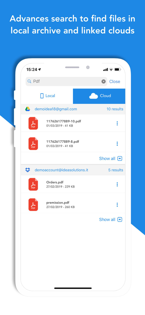 Total files pro - Interfaz de búsqueda avanzada en Total Files Pro mostrando resultados de PDF de cuentas vinculadas de Google Drive y Dropbox