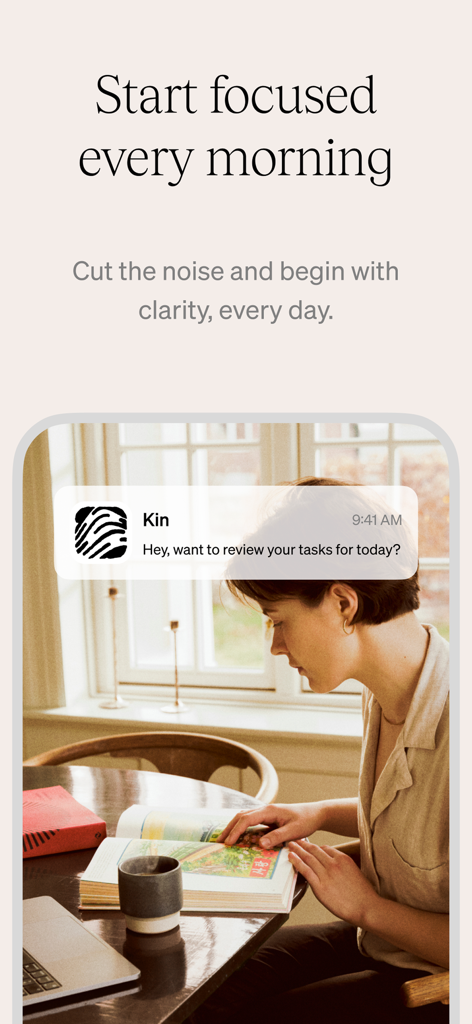 Kin: Personal AI Advisors - A woman starting her day with a task review notification from the Kin AI app