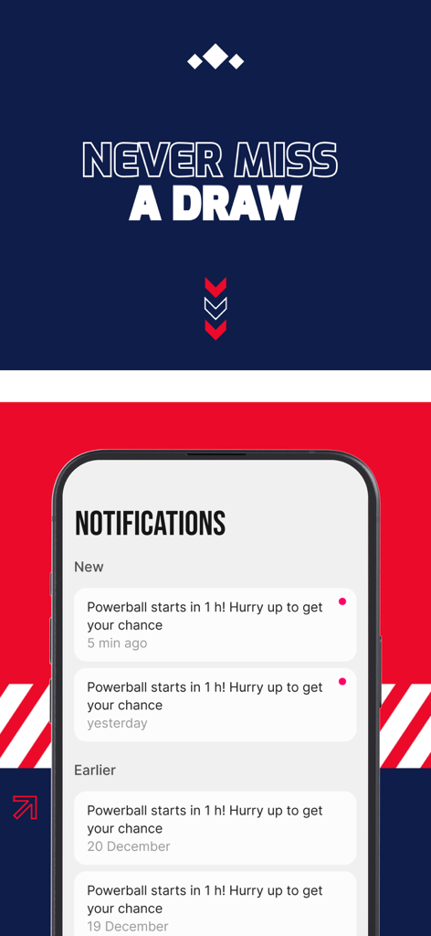 Mobile phone screen showing lottery notifications and Powerball draw reminders in the USA Lottery Ticket app