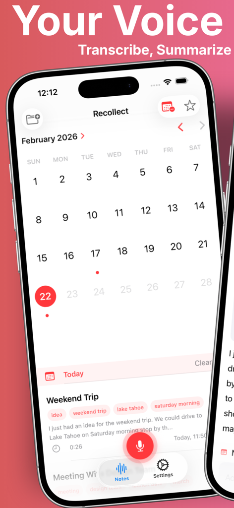 Recollect - AI Voice Notes - Recollect app interface showing a calendar timeline and summarized voice notes organized by date