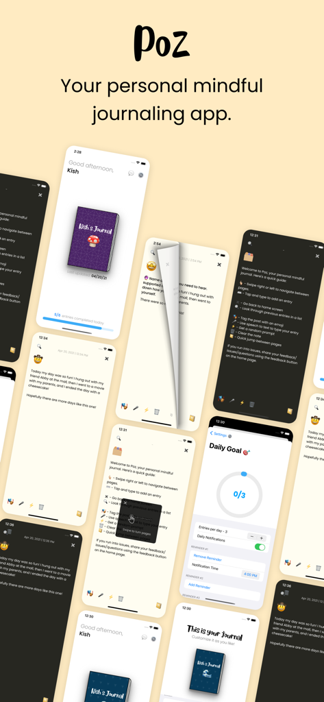 A collection of Poz Journal app screens featuring aesthetic notebook covers and mindful journaling interfaces on iPhone.