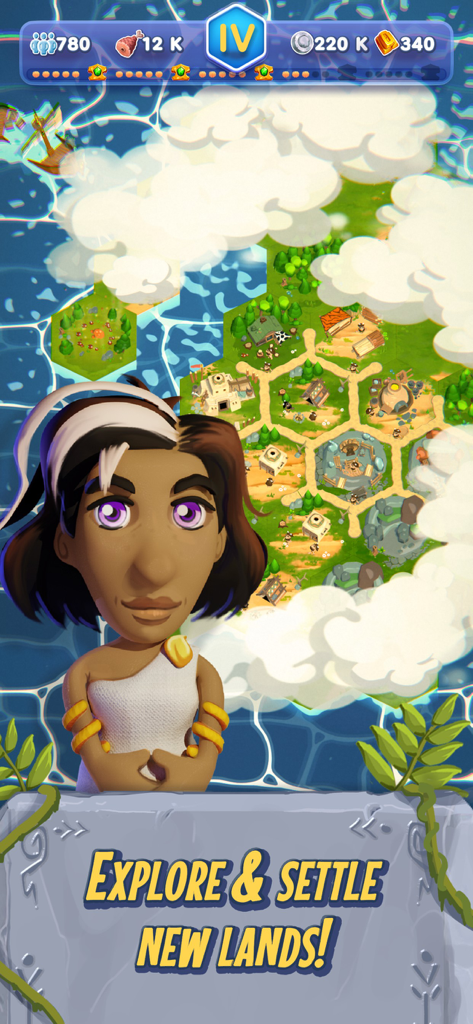 Rise of Empire: Idle Tycoon - A cartoon tribal character in front of a hexagonal map with the text Explore and Settle New Lands