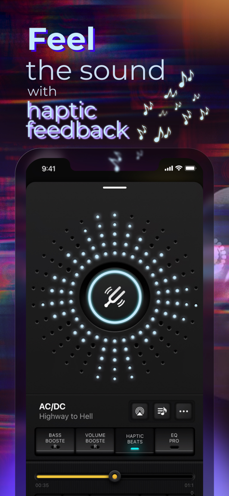 Bass Booster - Sound Amplifier - Interface of the Bass Booster app showing the haptic beats feature with a circular sound visualizer.