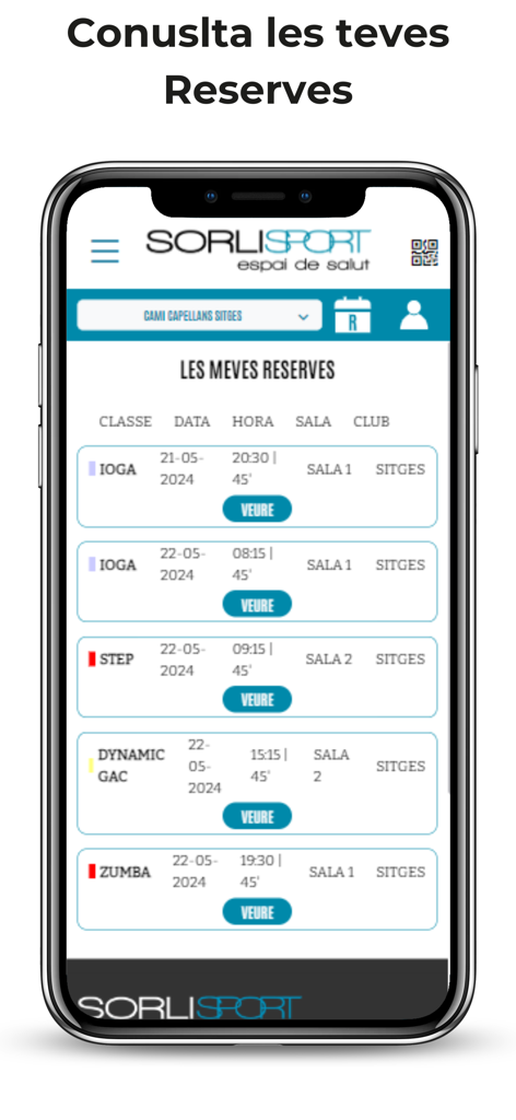 Ecrã da aplicação Sorli Sport a mostrar uma lista de reservas de aulas de fitness, incluindo ioga e zumba