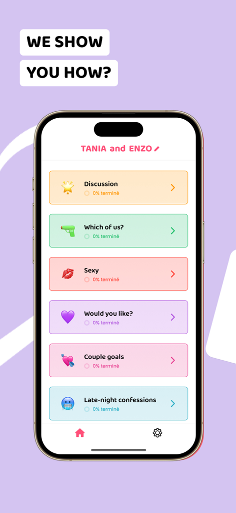 Bae: Couple game - Bae app menu screen featuring relationship game categories like Discussion, Couple goals and Late-night confessions