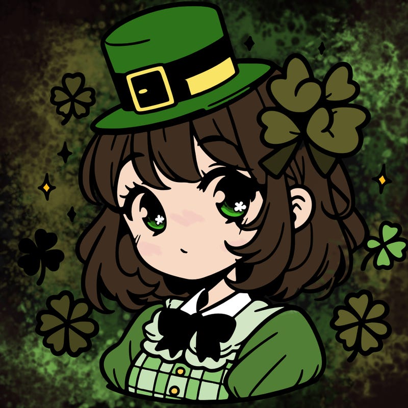 a manga-style girl with clovers around her, a little hat in her hair, like it's saint patrick's day