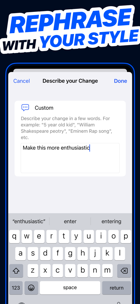 Tela mostrando a seleção de estilo personalizado para reformular texto de IA no aplicativo Natural Write.