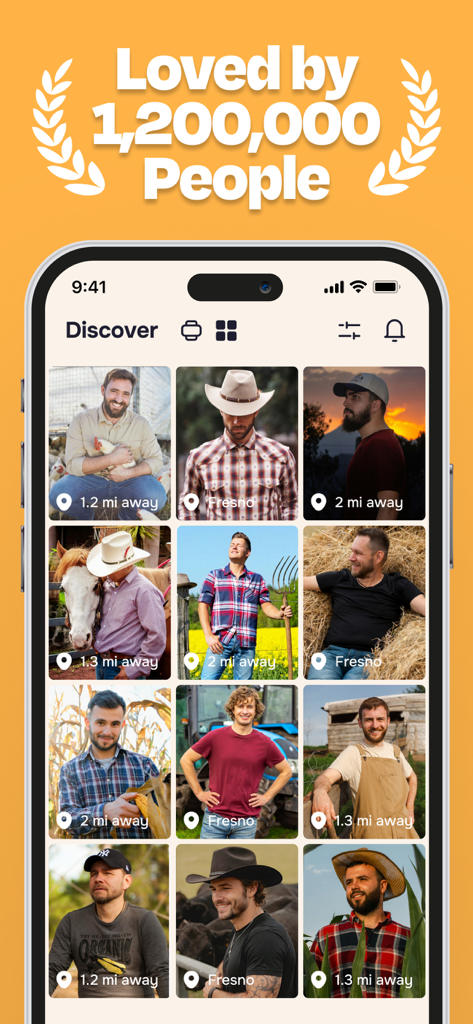 Farmers Match Dating App - Screenshot of the Farmers Match app Discover screen showing profiles of country singles