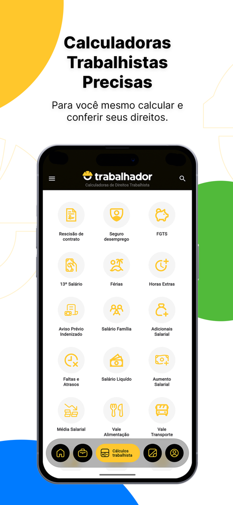 Interface of the O Trabalhador app displaying various labor rights calculators such as termination and overtime
