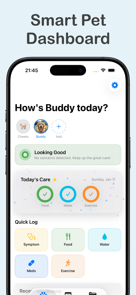 PetLog: AI Health Tracker - The smart pet dashboard interface of the PetLog app showing daily care tracking and quick log buttons for a dog