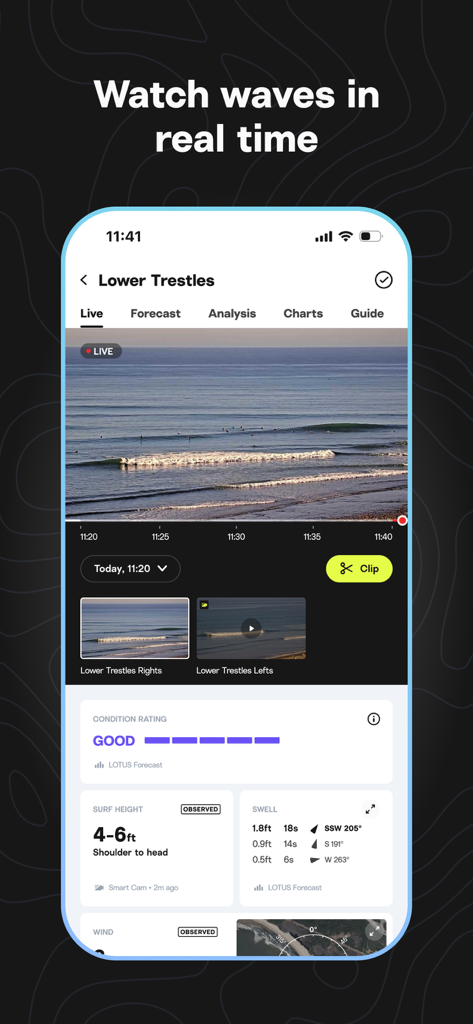 Capture d'écran de l'application Surfline affichant une webcam de surf en direct et les conditions de vagues pour Lower Trestles.