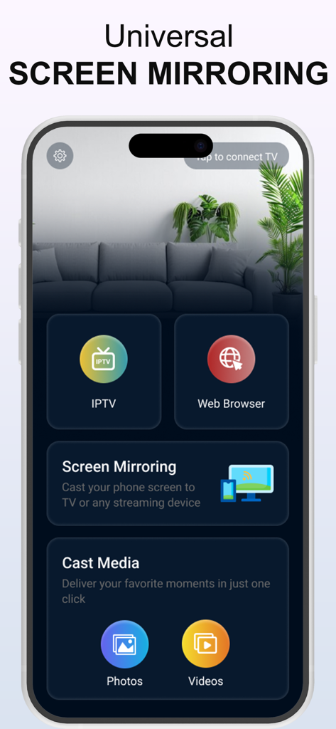 Screen Mirroring + Cast To TV - IPTV、ウェブブラウザ、写真、ビデオキャストなどの機能を示すスクリーンミラーリングとTVキャストアプリのメイン画面。