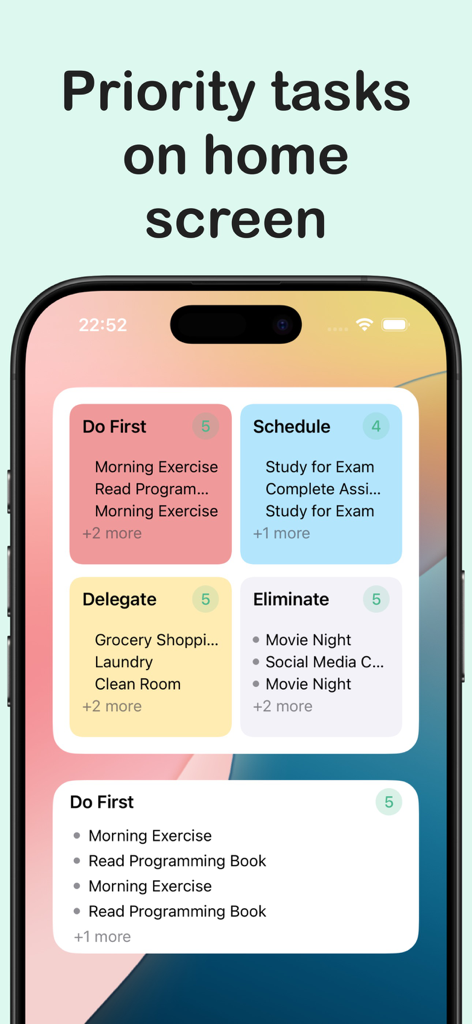 Eisenhower Matrix:Task Planner - アイゼンハワーマトリックスタスク優先度象限と詳細なToDoリストウィジェットを表示するiPhoneホーム画面。