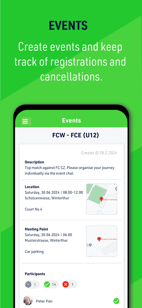 Coaching Zone - Mobile app interface displaying sports event details including match location maps and participant registration tracking.