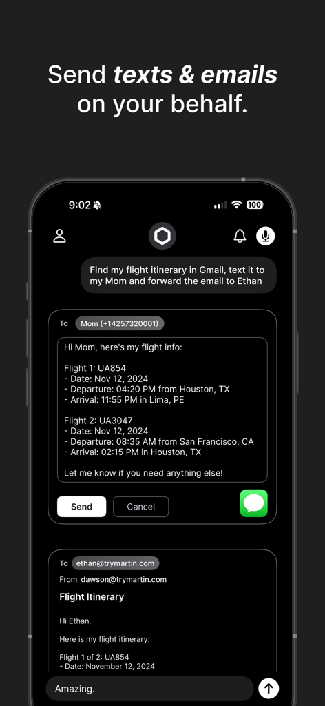 Martin: Personal Assistant - Martin AI personal assistant interface showing automated SMS and email generation for flight itinerary details based on a voice command.