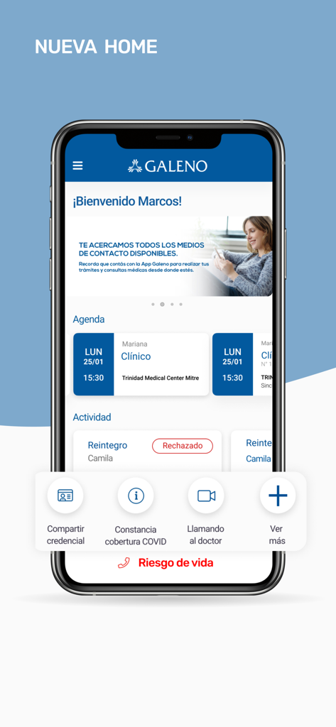 Écran d'accueil de l'application Galeno Argentine montrant un tableau de bord patient personnalisé, l'agenda médical et les services d'urgence