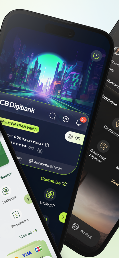 VCB Digibankアプリのスクリーンショット。金融取引とライフスタイルサービスがスマートフォンに表示されています。